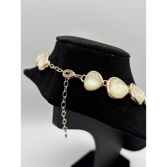 Iridescent Opaline Glass Statement Bib Necklace‎ Gold Tone Bezel Set Adjustable - Picture 3 of 6